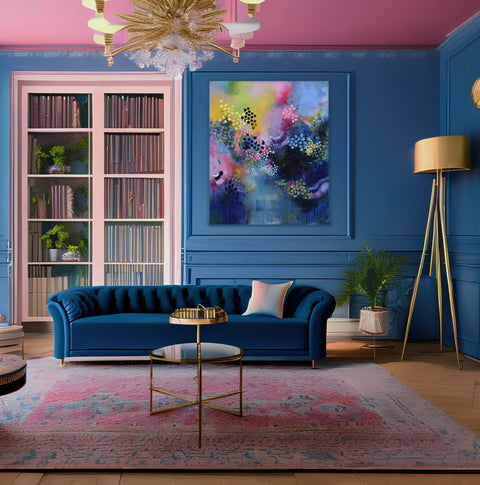 Original colourful abstract painting in modern pink and blue interior