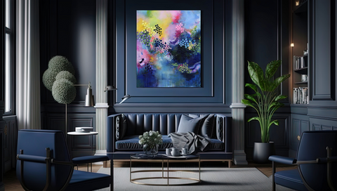 Original abstract painting in dramatic dark blue art deco interior