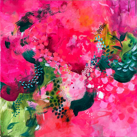 vibrant pink, magenta, fuchsia abstract painting with highlights of green