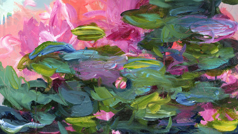 An impressionistic floral painting with thick brushstrokes in pink, green, blue, and yellow, showing layered blossoms and leaves.