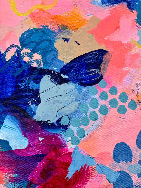 Abstract colorful painting with expressive brushstrokes and textured canvas in pink, blue, teal, magenta, orange, and cream tones.