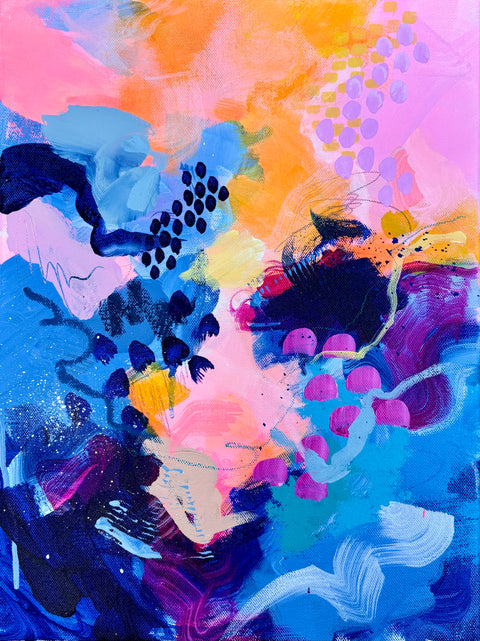 Abstract painting with expressive brushstrokes and splatters in pink, blue, orange, purple, yellow, and navy, filling the entire frame.